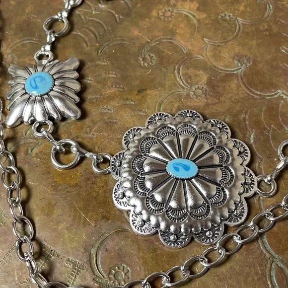 Spring Boho EASTER Gift Southwest Silver Chain belt adjustable 48” Turquoise - Picture 3 of 16